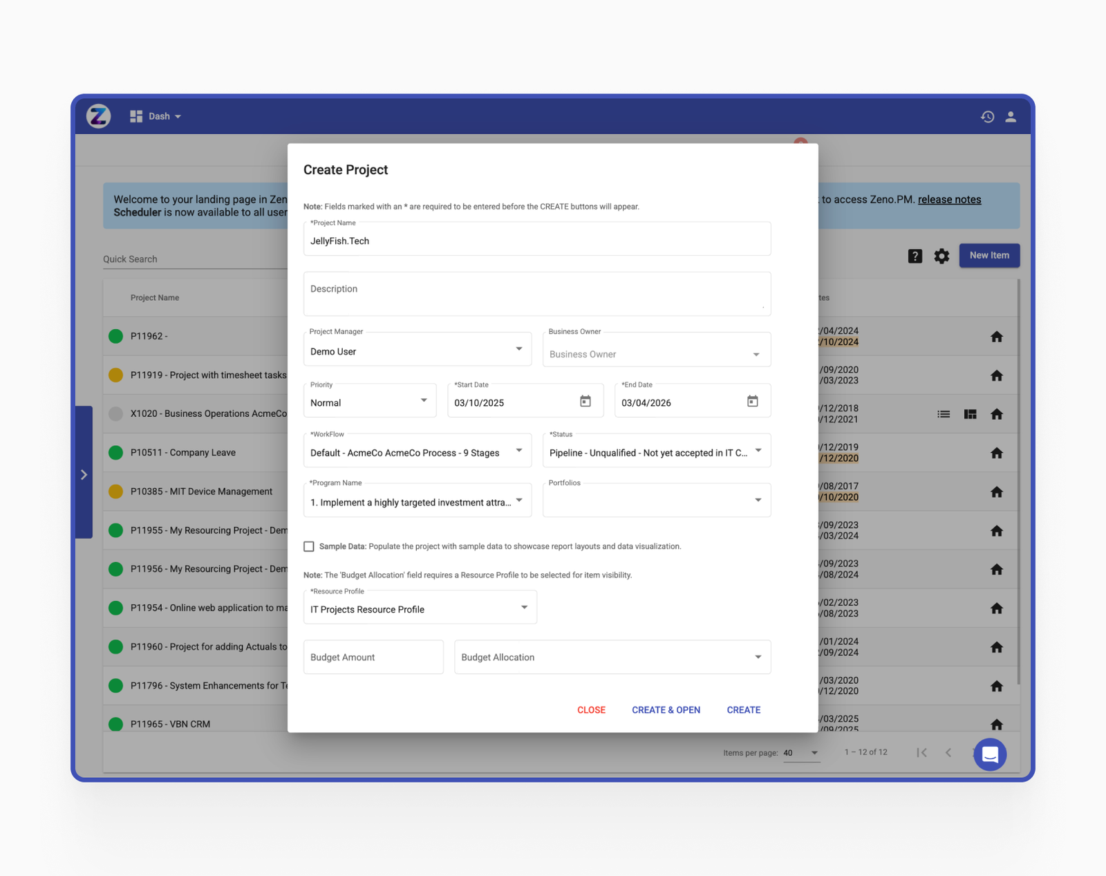 Zeno.PM - create project