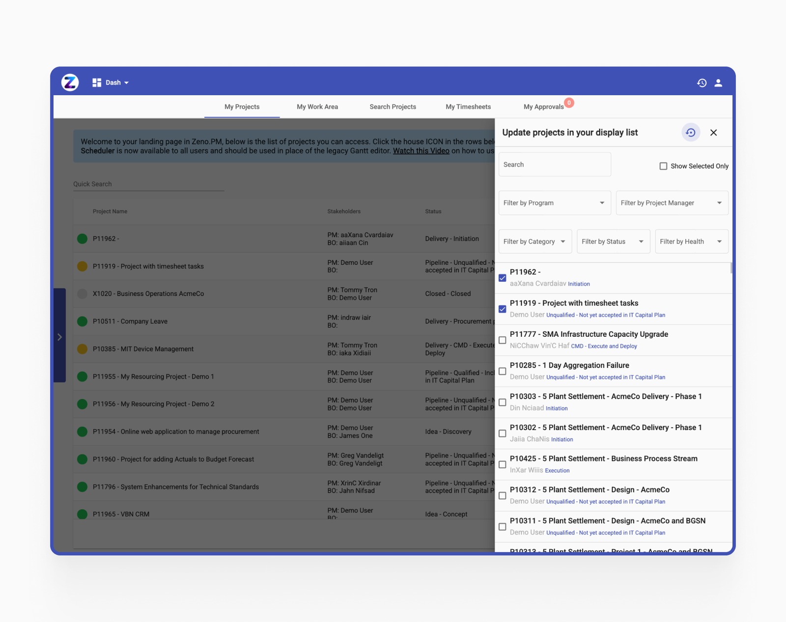 Zeno.PM - update projects in your display list
