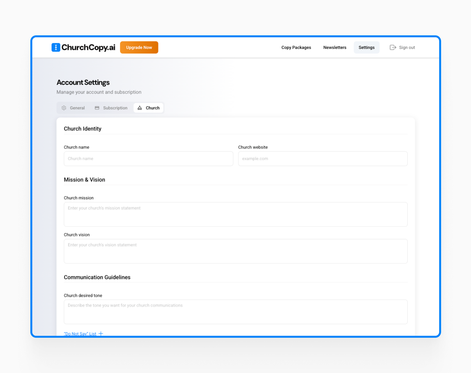 ChurchCopy.ai - account settings