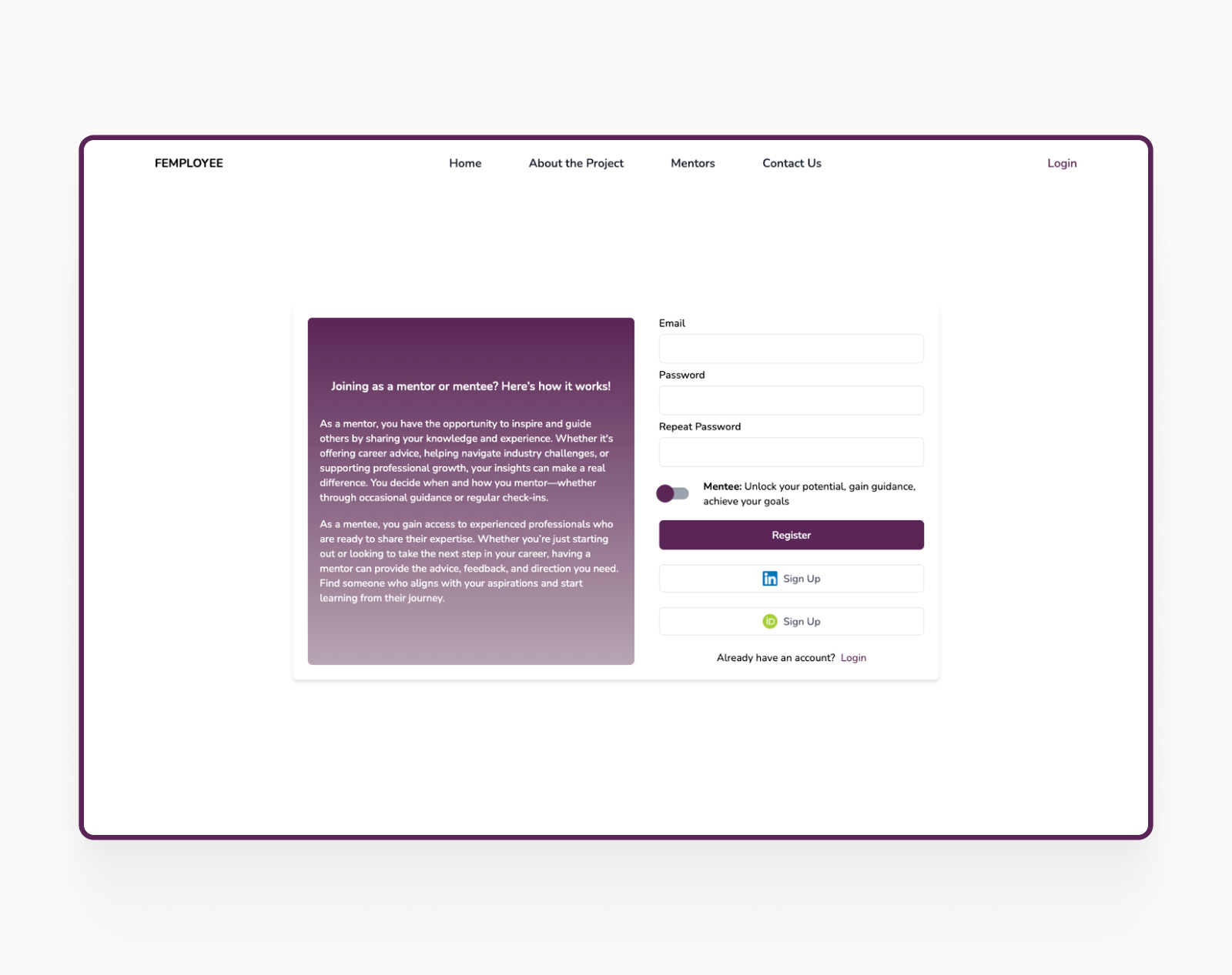 FEMPLOYEE registration for mentors